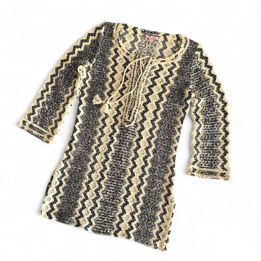 Calypso St. Barth Coverup Tunic Size M Open Weave Black Cream Lace Up 3/4 Sleeve